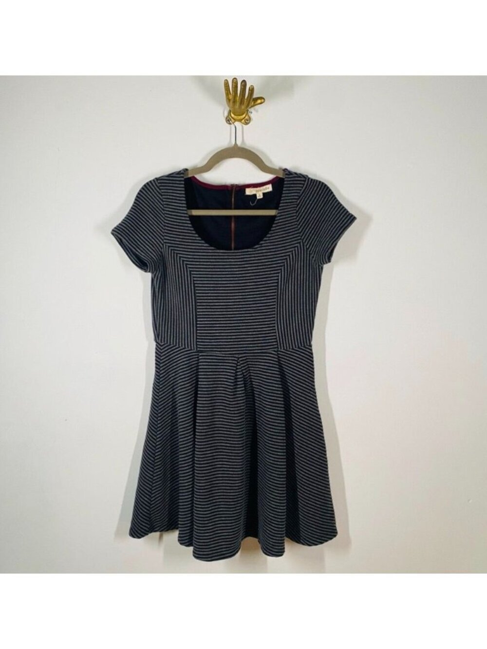 Striped Black & Gray Skater Dress With Scoop Neck & Back Zip Closure Size Large
